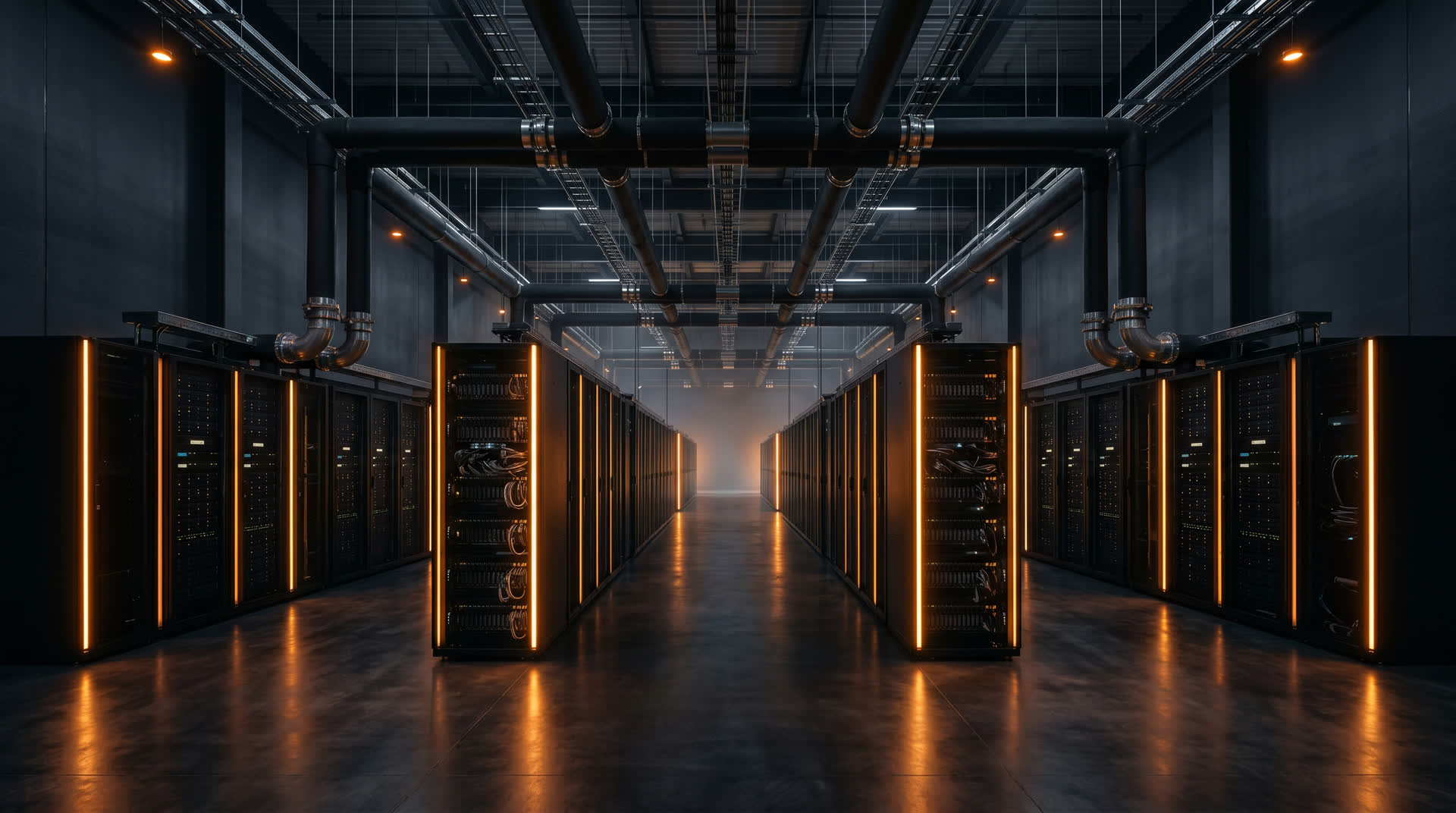 Data centre aisle with amber accent lighting.