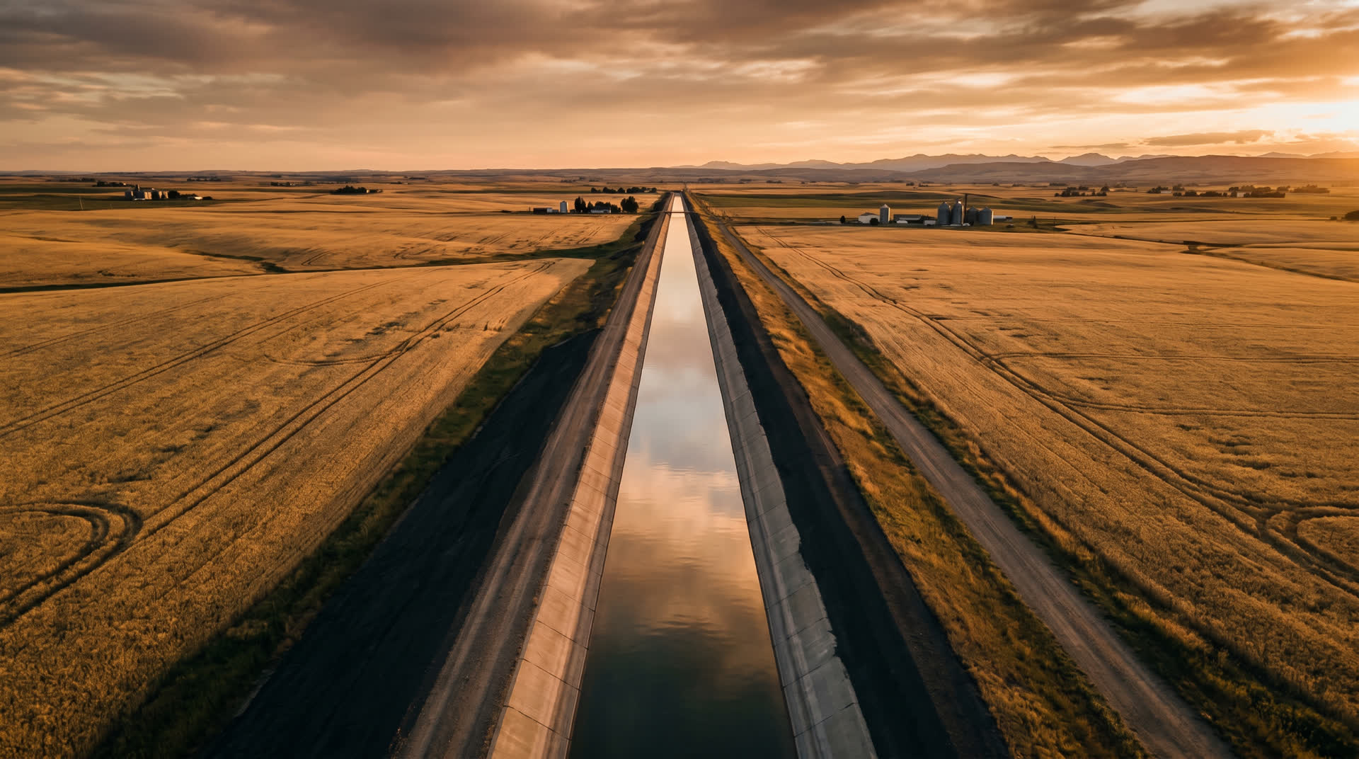 Irrigation canal cutting through Alberta wheat fields.