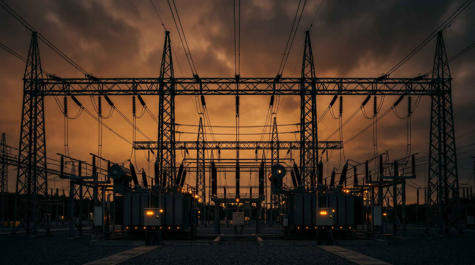 Electrical substation silhouetted at dusk.