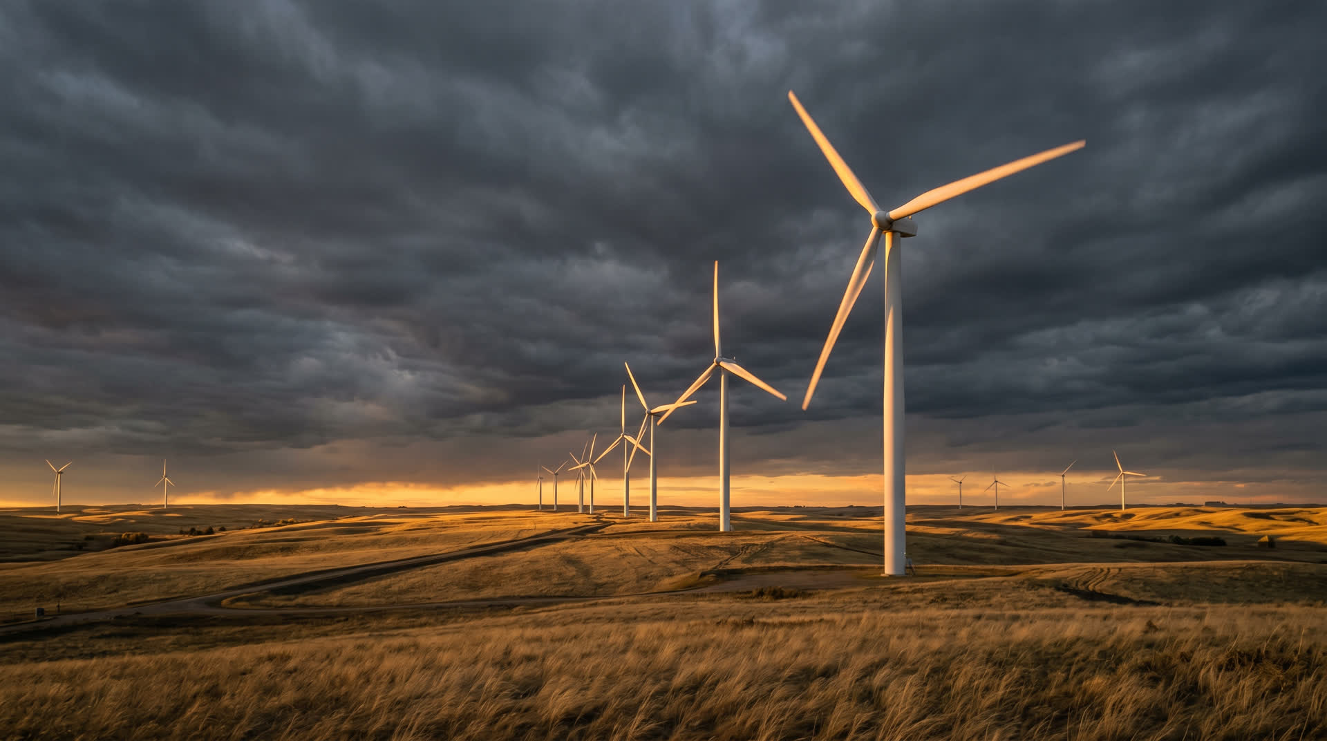 Wind turbines on Alberta prairie at sunset.